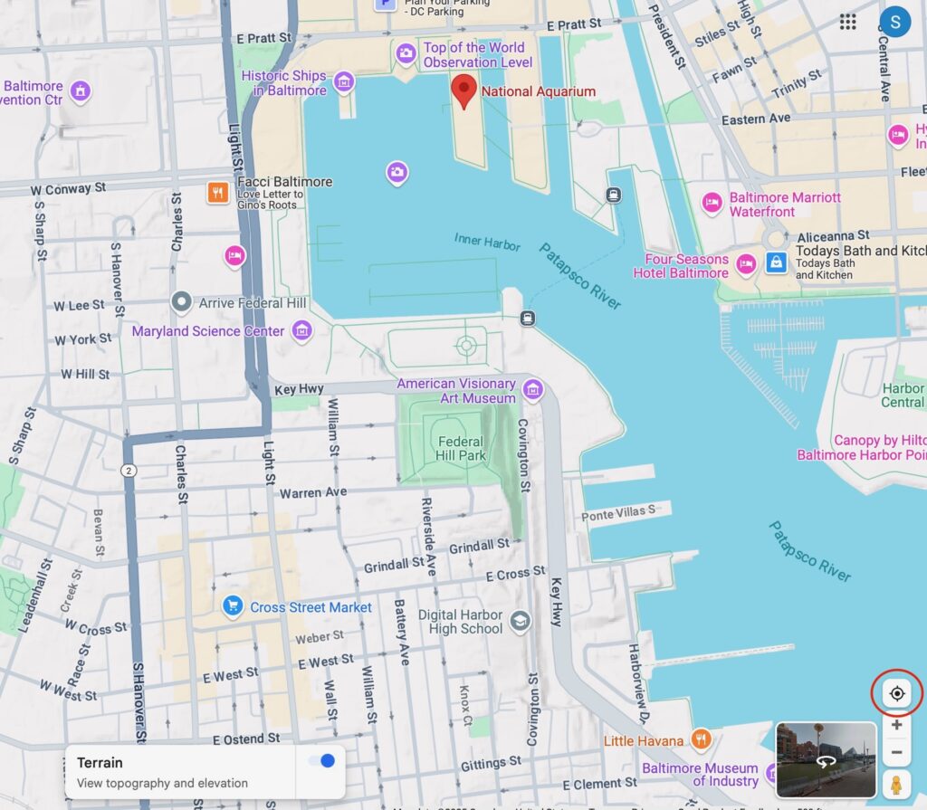 Google Map screenshot of Baltimore's Inner Harbor with the "focus" button highlighted